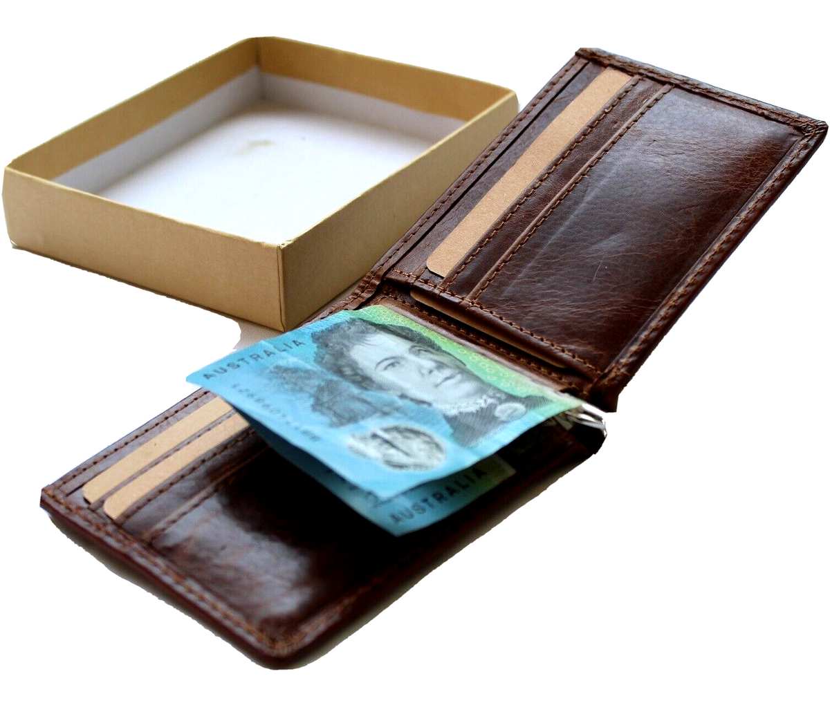 Men's genuine leather wallet by DAVISCASE with credit card slots and bill compartment, featuring a handmade tan design with a Tree of Life detail.