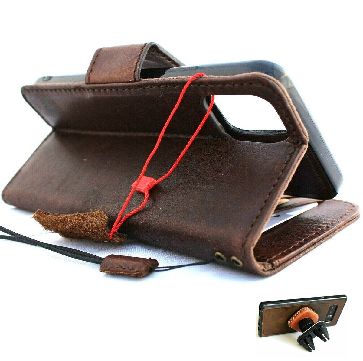 Handmade genuine leather phone case for iPhone 11 by DAVISCASE, with wallet credit holder, magnetic book cover, and detachable car holder