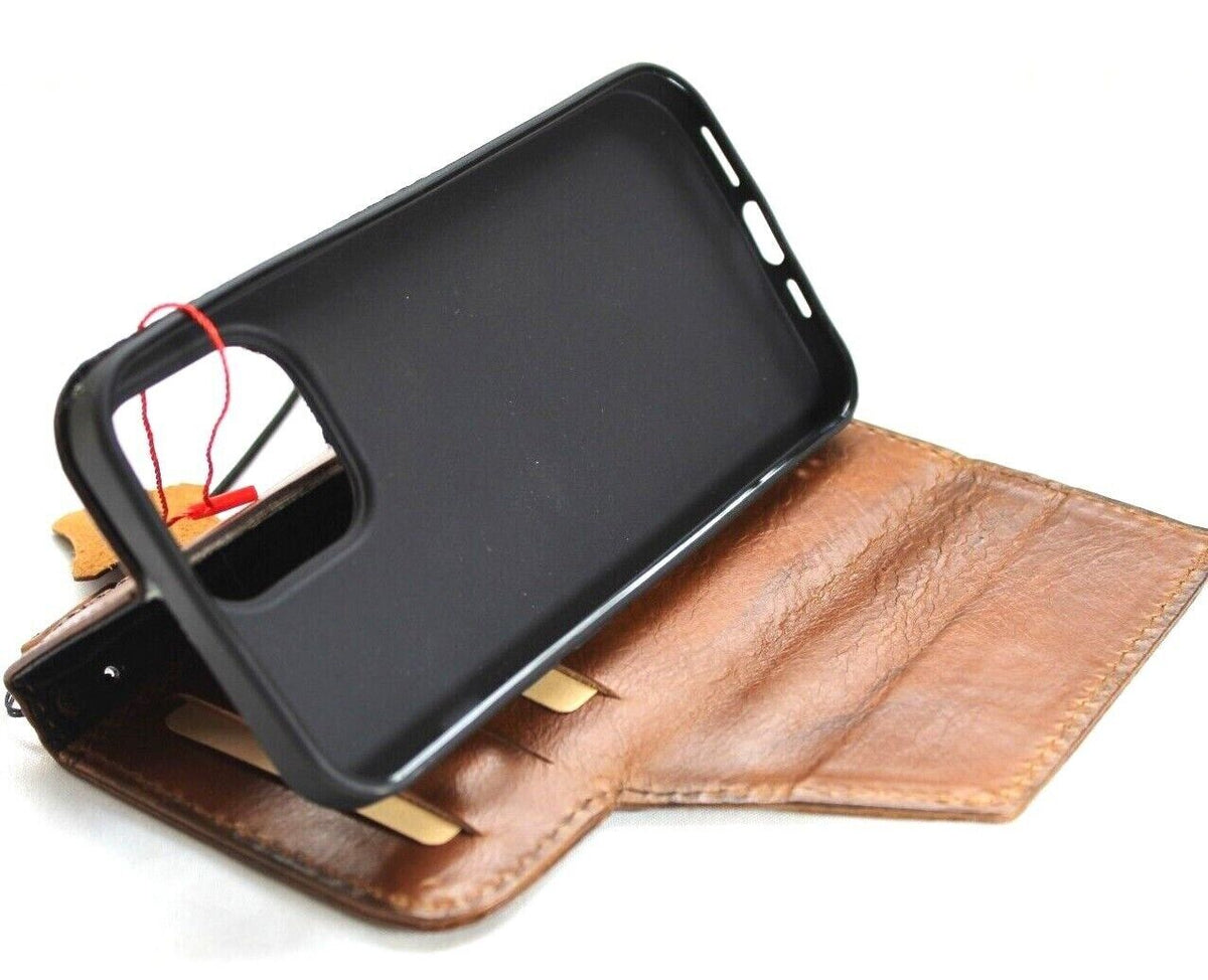 DavisCase genuine leather phone case for iPhone 11-16 Pro Max, vintage wallet style with credit card slots and magnetic closure.