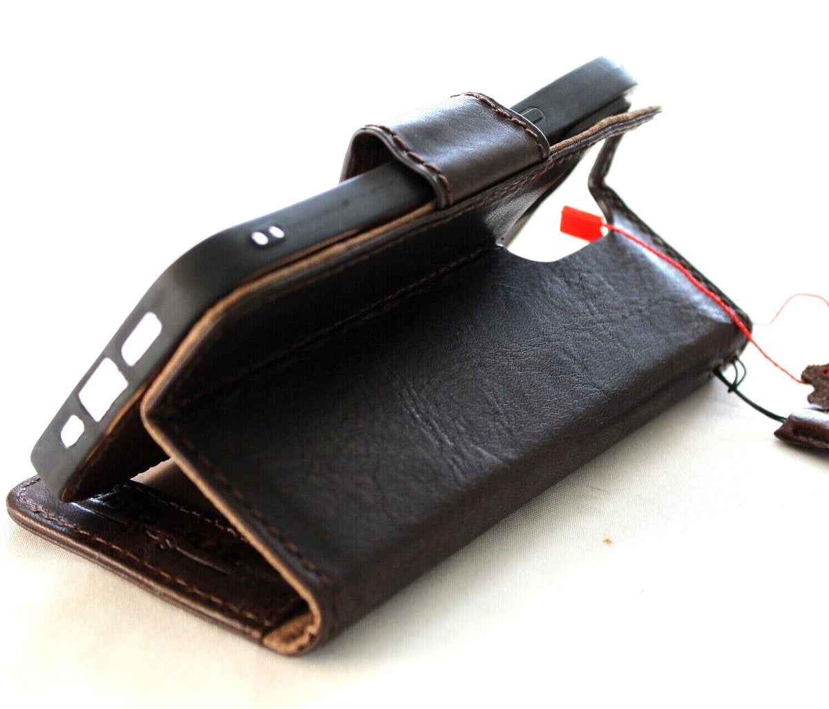 Handmade genuine leather wallet case for iPhone 11-15 Pro Max by DAVISCASE, featuring ID window, credit card slots, vintage style.