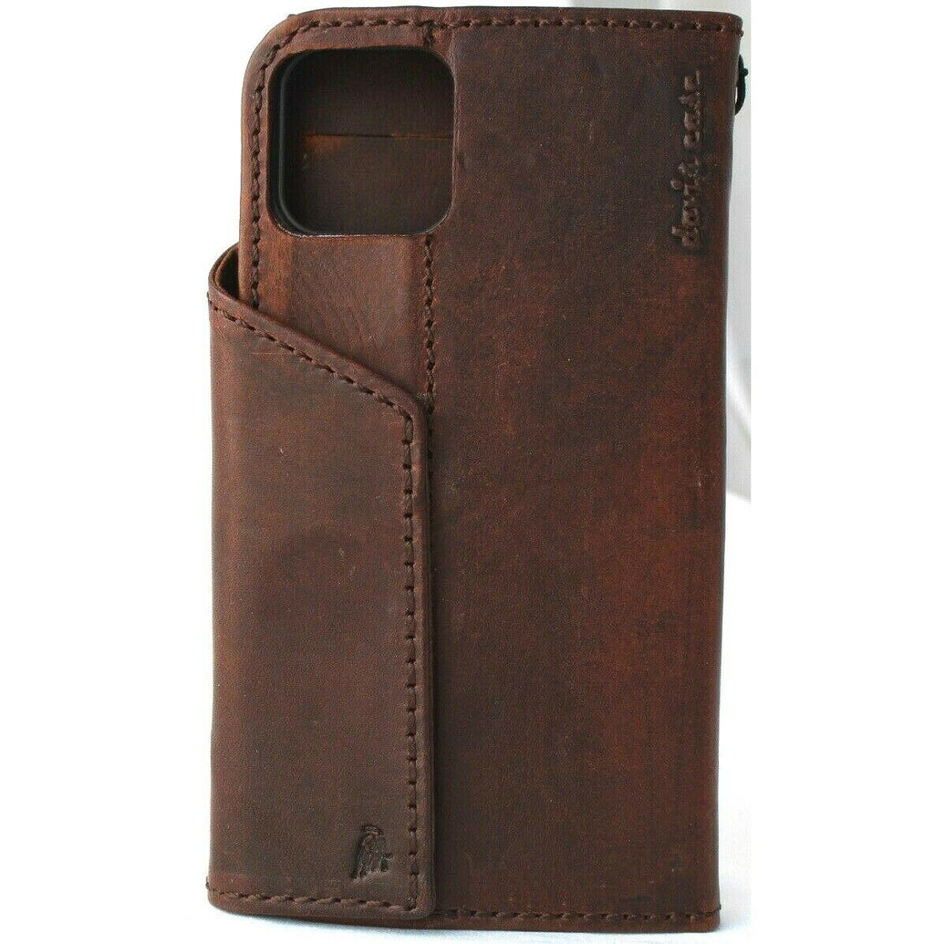 Genuine dark leather wallet case for iPhone 12 Pro by DAVISCASE, vintage-style soft slim cover with credit card slots.