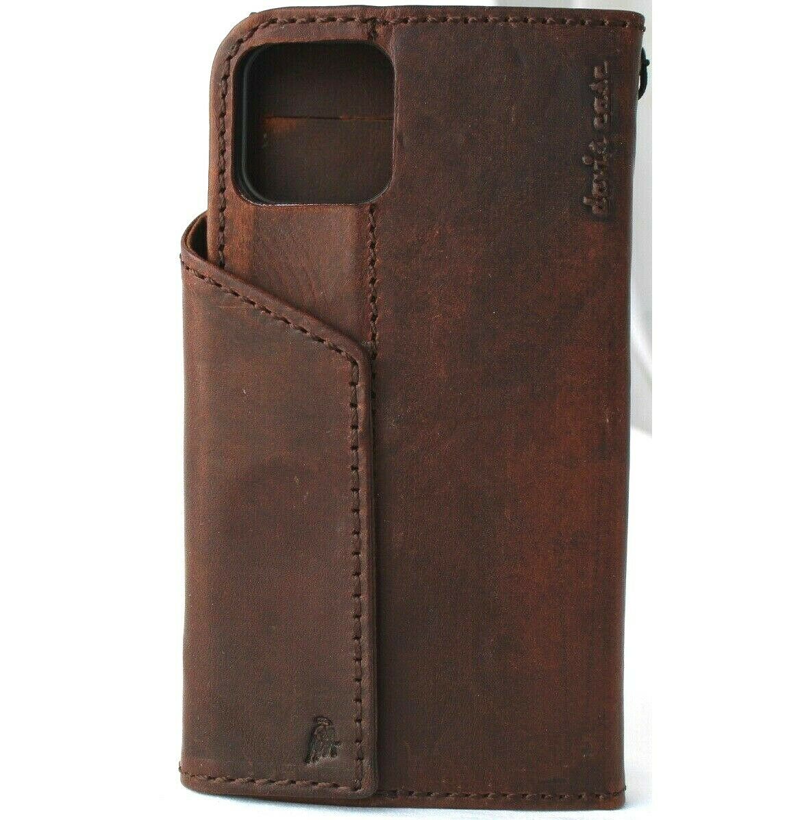 Genuine dark leather wallet case for iPhone 12 Pro by DAVISCASE, vintage-style soft slim cover with credit card slots.