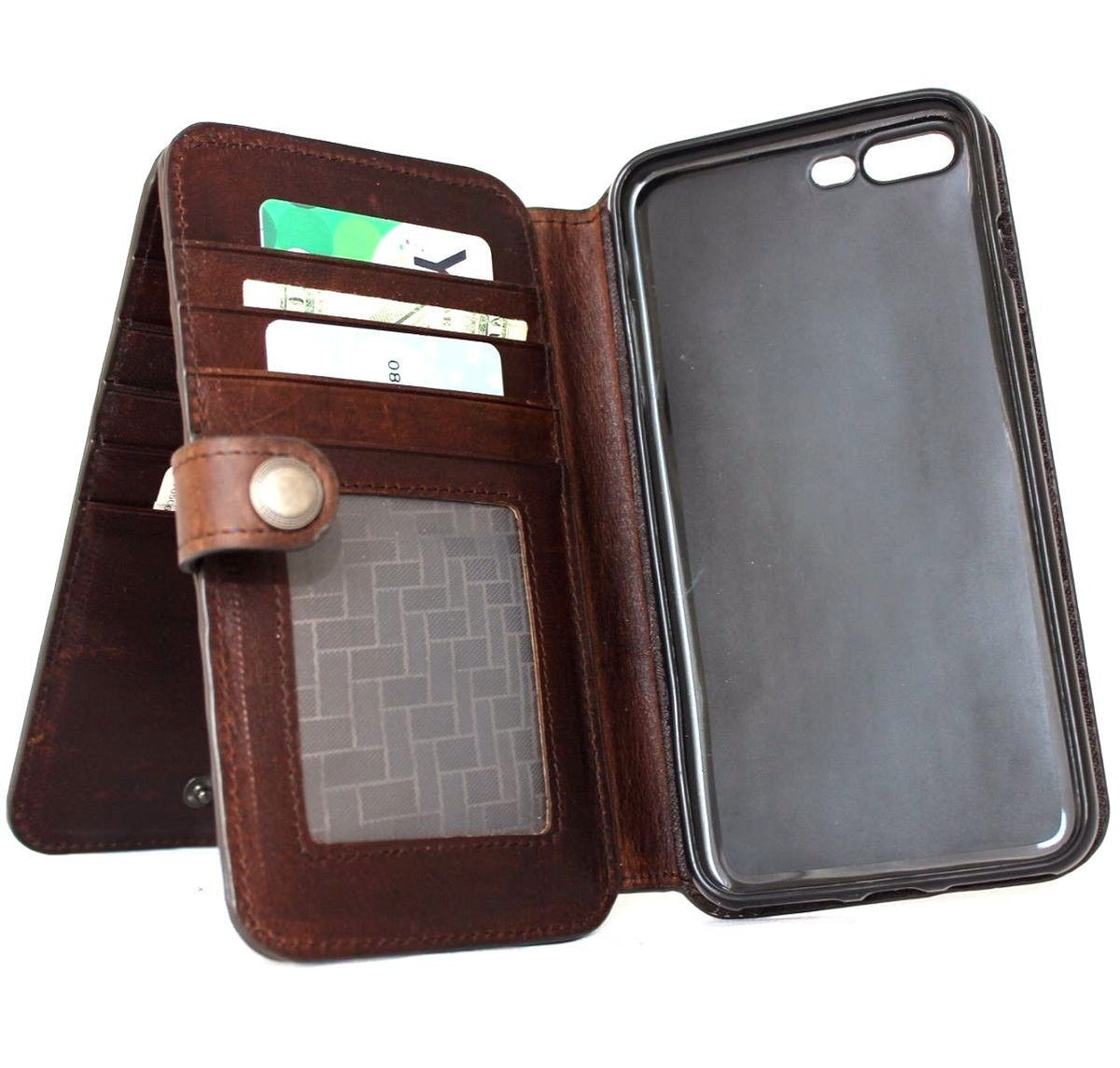 Brown genuine leather iPhone 8 wallet case with book cover design, card slots, RFID protection, handcrafted by vendor-unknown