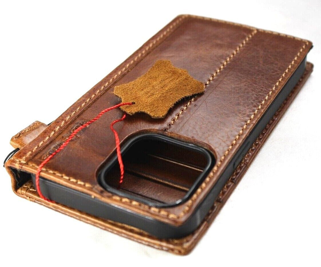 Handmade genuine leather phone case for iPhone 11-15 Pro Max by DAVISCASE with vintage tan finish, credit card slots, and embossed art design.