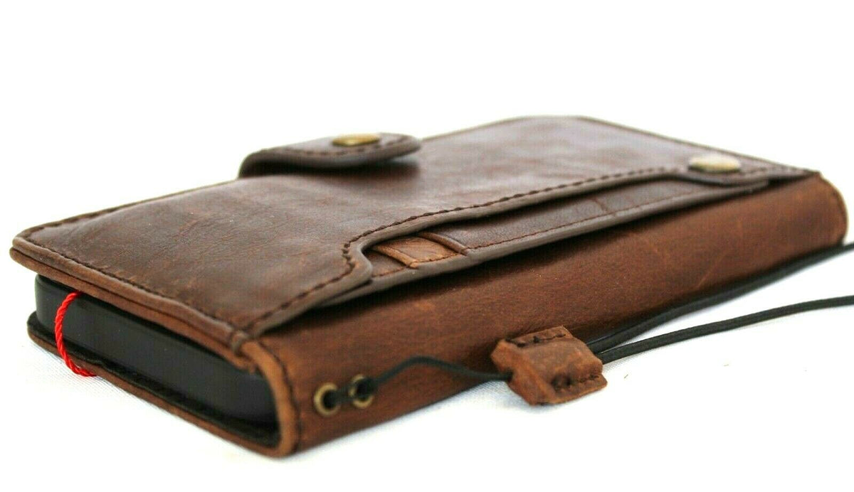 Genuine dark leather iPhone 12 book wallet case with ID window, credit card slots, vintage design, handcrafted by DAVISCASE