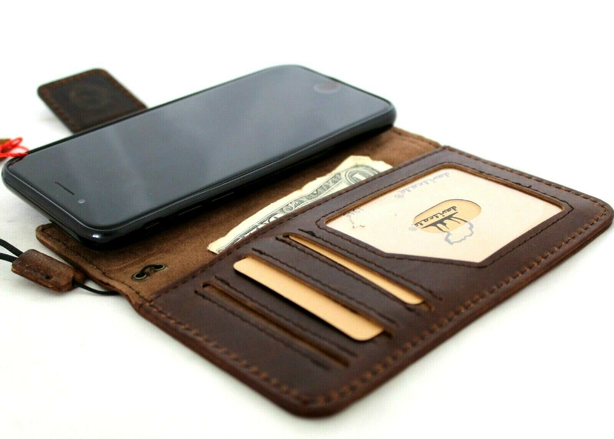 Genuine dark vintage leather Samsung Galaxy Note 9 wallet case with multiple card slots, ID window, and soft detachable cover by DAVISCASE.