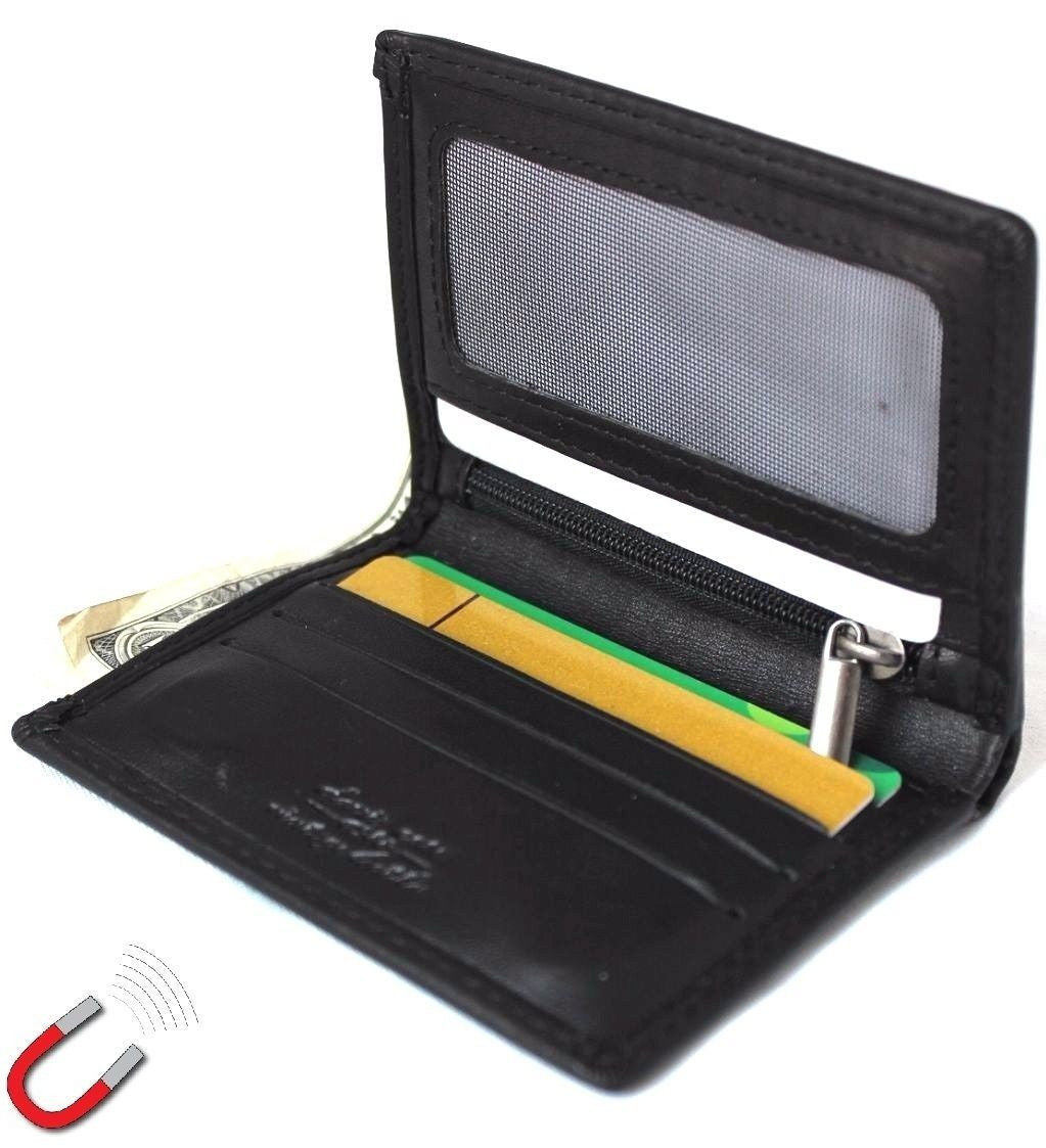 Men's genuine black leather mini wallet with card slots, coin zipper, and magnetic closure, slim and soft for easy carrying.