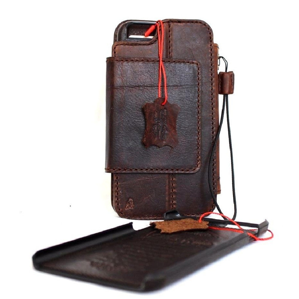 Handmade genuine leather iPhone 6s Plus case with removable cover, wallet-style design, credit card slots, and magnetic closure.