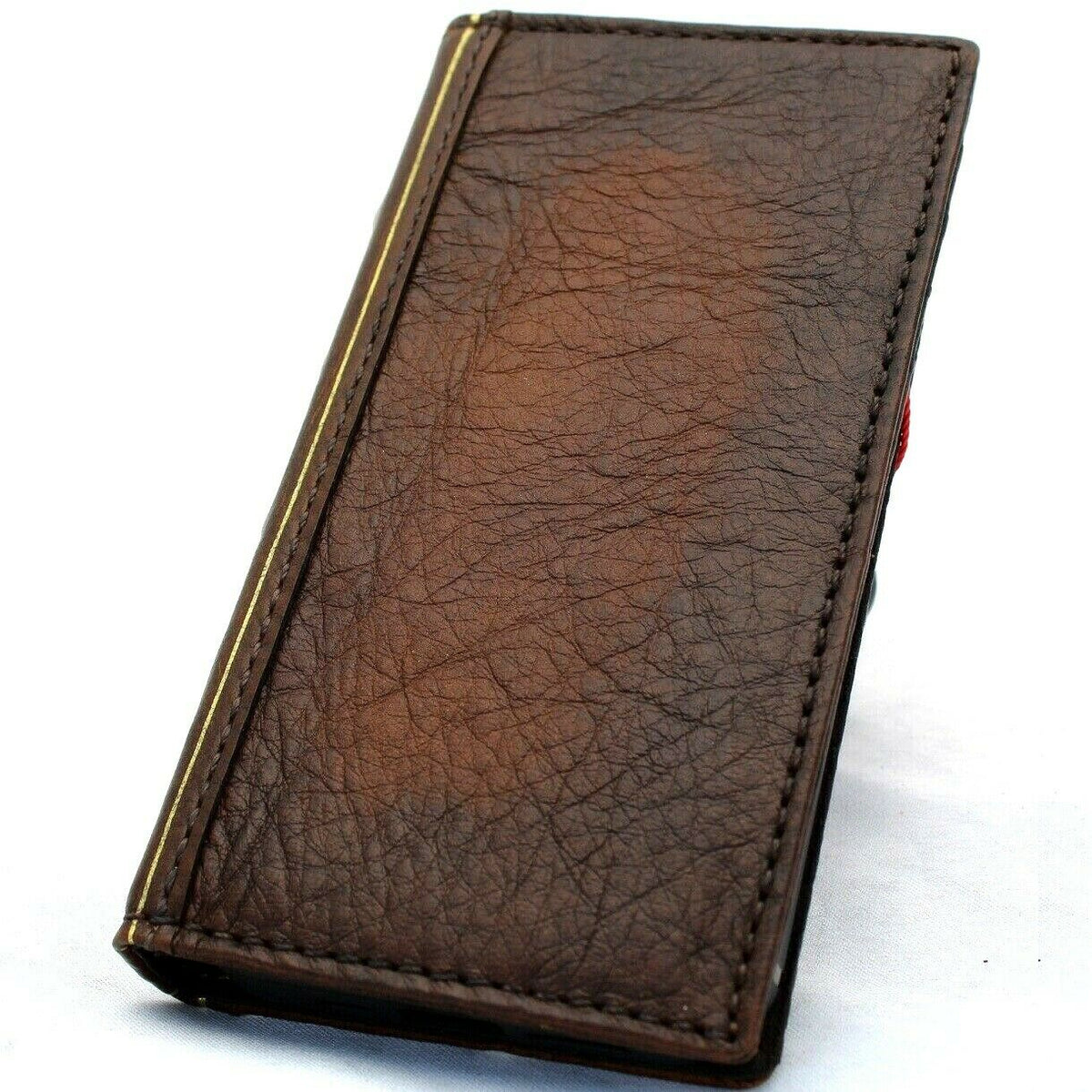 Handmade leather phone case for iPhone models, DAVISCASE vintage-style wallet cover with full grain leather and art-inspired design.