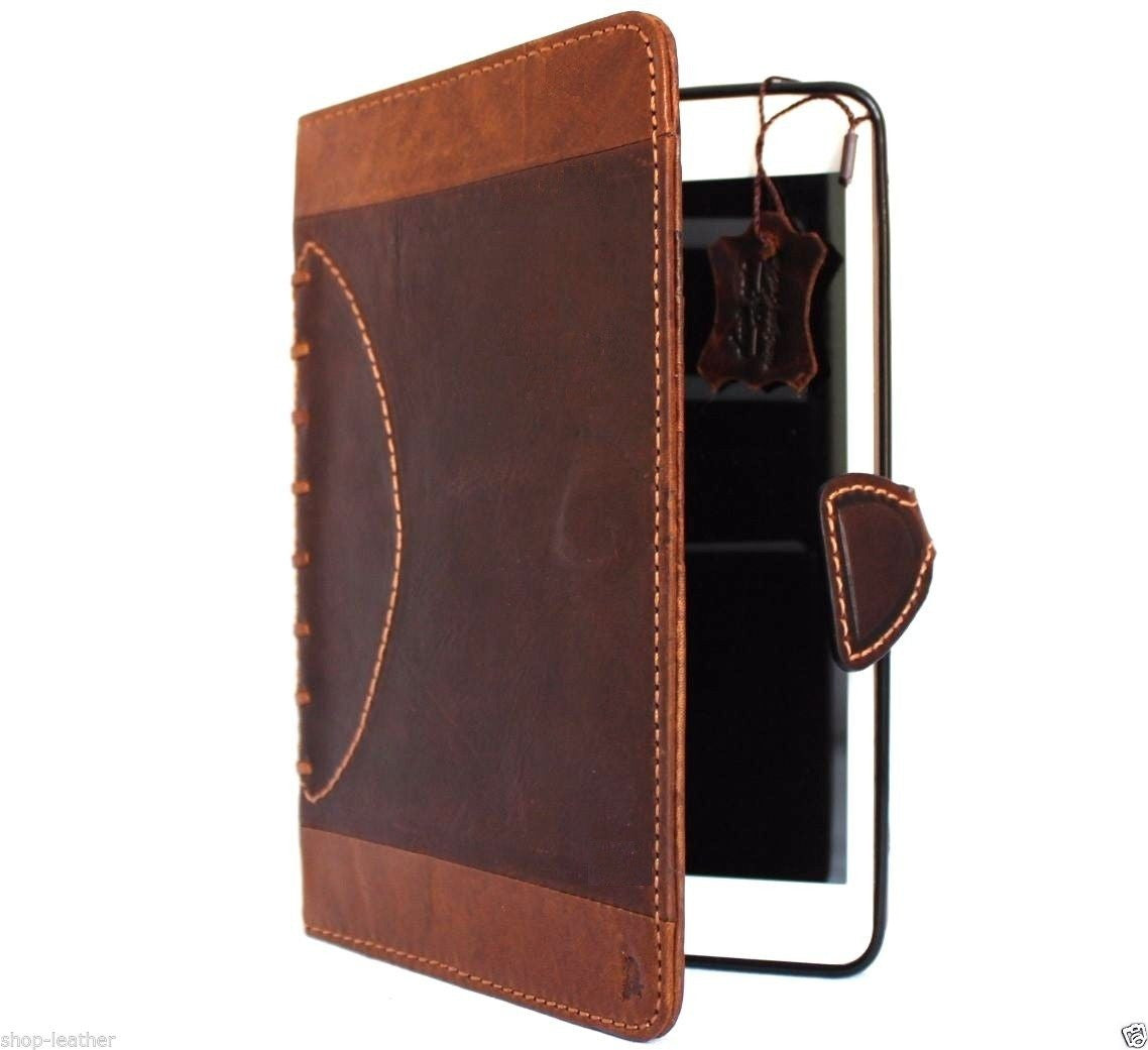 Genuine brown leather iPad Mini 4 case with slim, sports football design for protection and style.