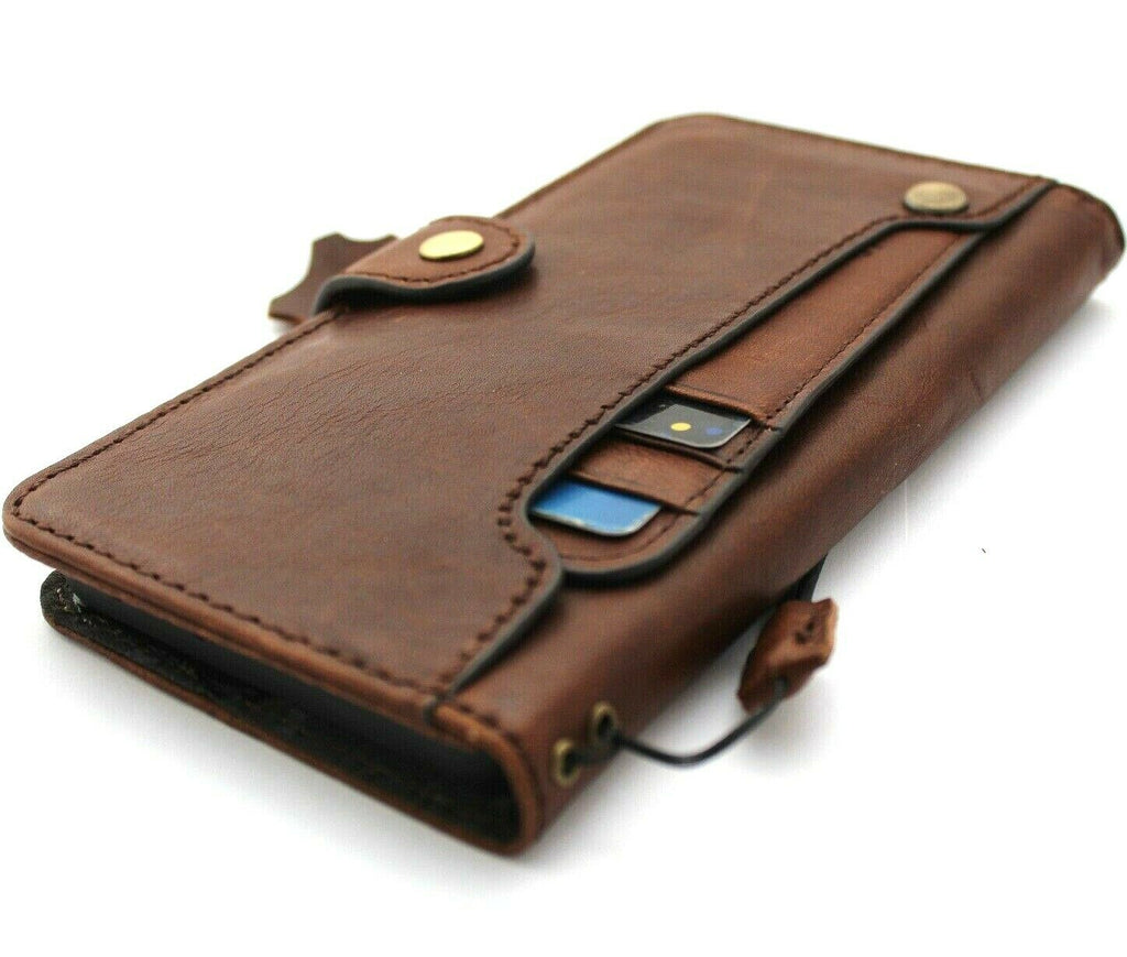 Handmade genuine leather phone case for Samsung Galaxy S21 Ultra 5G with wallet design, rubber holder, and wireless charging compatibility.