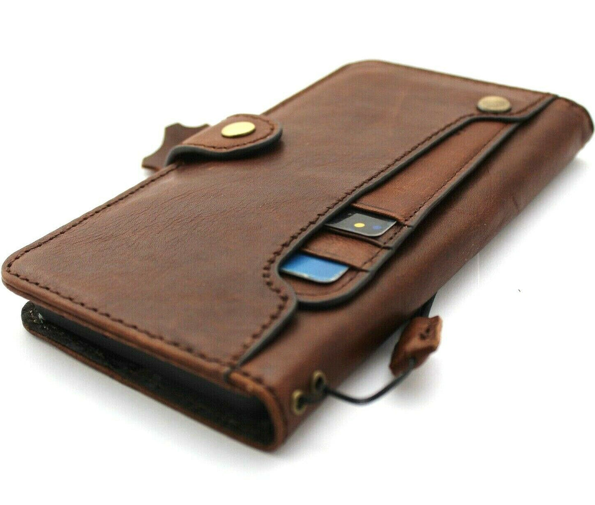 Handmade genuine leather phone case for Samsung Galaxy S21 Ultra 5G with wallet design, rubber holder, and wireless charging compatibility.