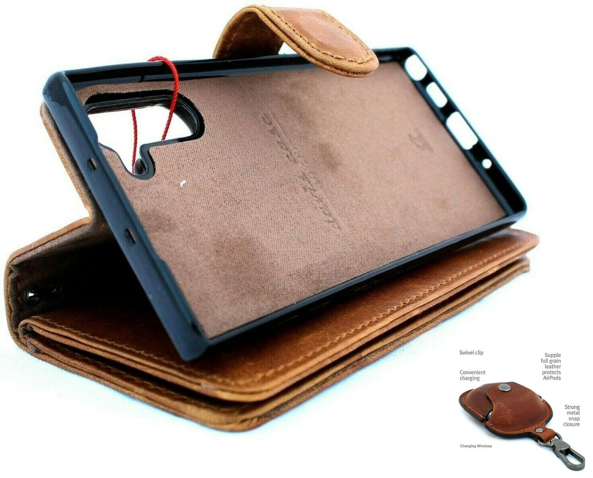 Handmade genuine full leather wallet case for Samsung Galaxy Note 10 with window view, vintage style, stand feature, and AirPods 2 holder
