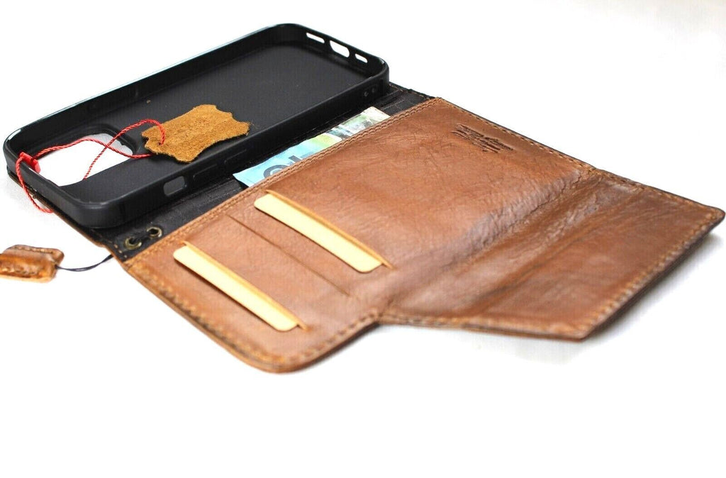 Handmade genuine leather phone case for Apple iPhone models with vintage book design, credit card slots, and magnetic closure.