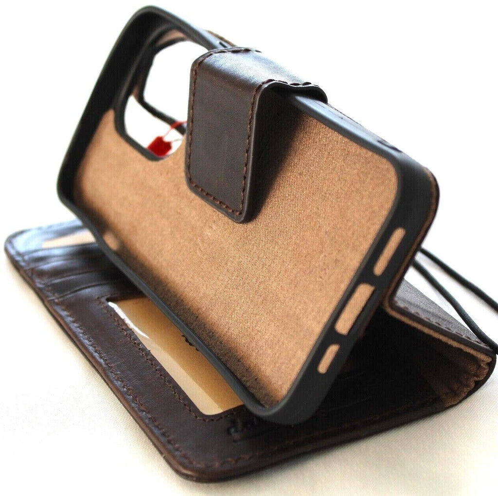 Handmade genuine leather phone case for iPhone 11-15 Pro Max with ID window, credit card slots, vintage style by DAVISCASE.