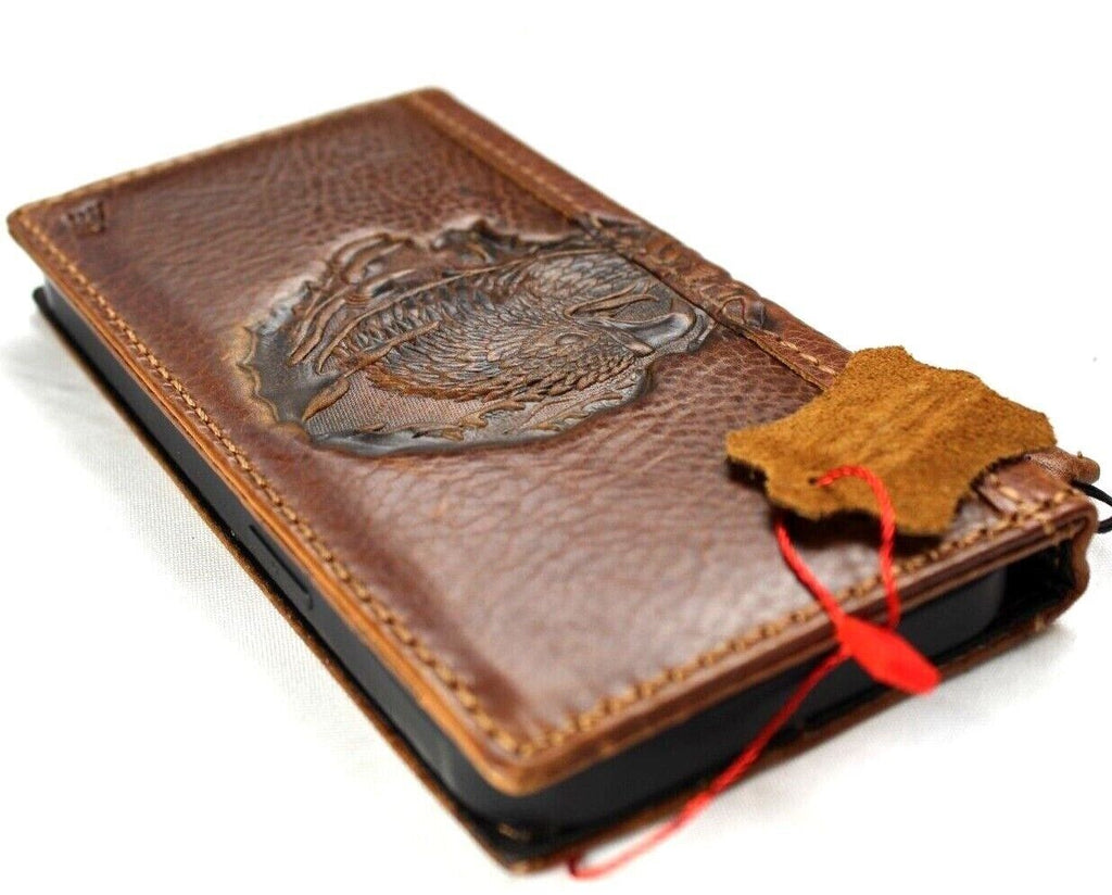 Handmade genuine leather phone case for iPhone 11-15 Pro Max, vintage tan style with credit card slots by DAVISCASE.