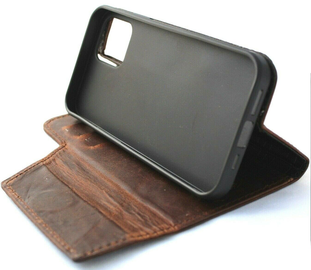 Genuine dark leather iPhone 12 wallet case with ID window, card slots, soft cover, vintage style, slim design by DAVISCASE