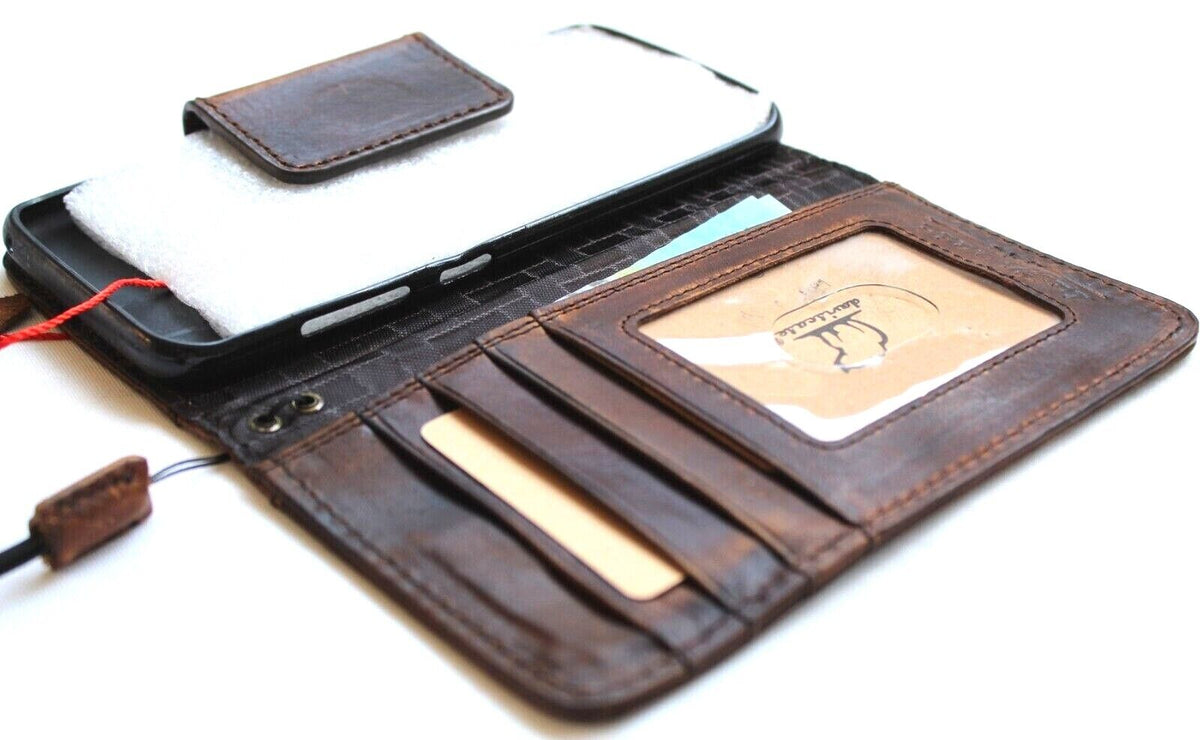 Handmade genuine leather wallet case for iPhone 11-15 Pro Max, featuring ID window, credit card slots, vintage style by DAVISCASE.