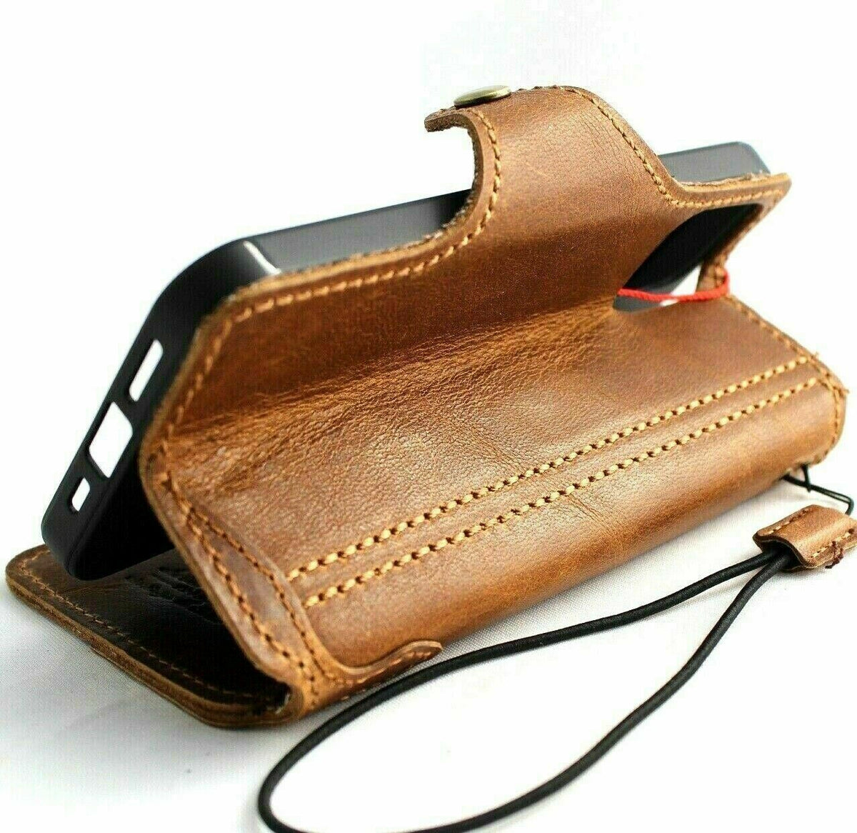 Handmade genuine leather phone case for iPhone models with wallet and credit card slots, in vintage tan, by DAVISCASE.