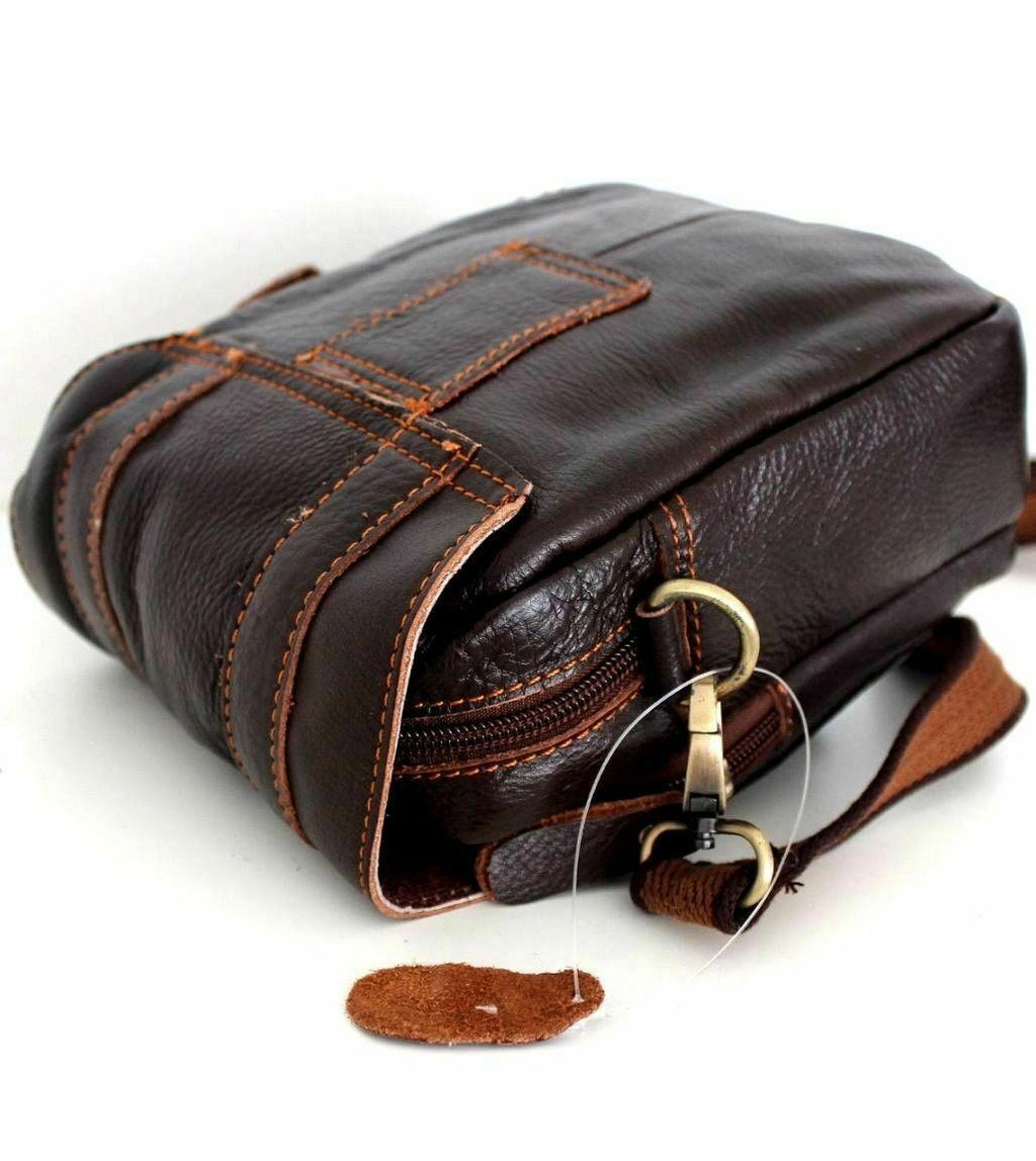 Men's genuine full grain leather waist pouch by DAVISCASE, vintage brown crossbody belt bag with luxury craftsmanship.