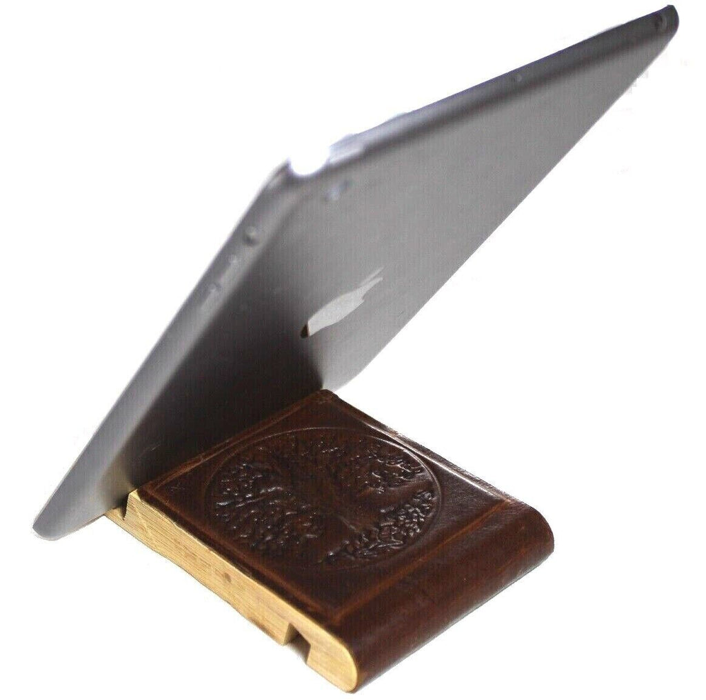 Handmade leather phone stand by DAVISCASE for iPhone 11-14 Pro Max, rustic wood design, vintage style, full grain leather, mini art detail