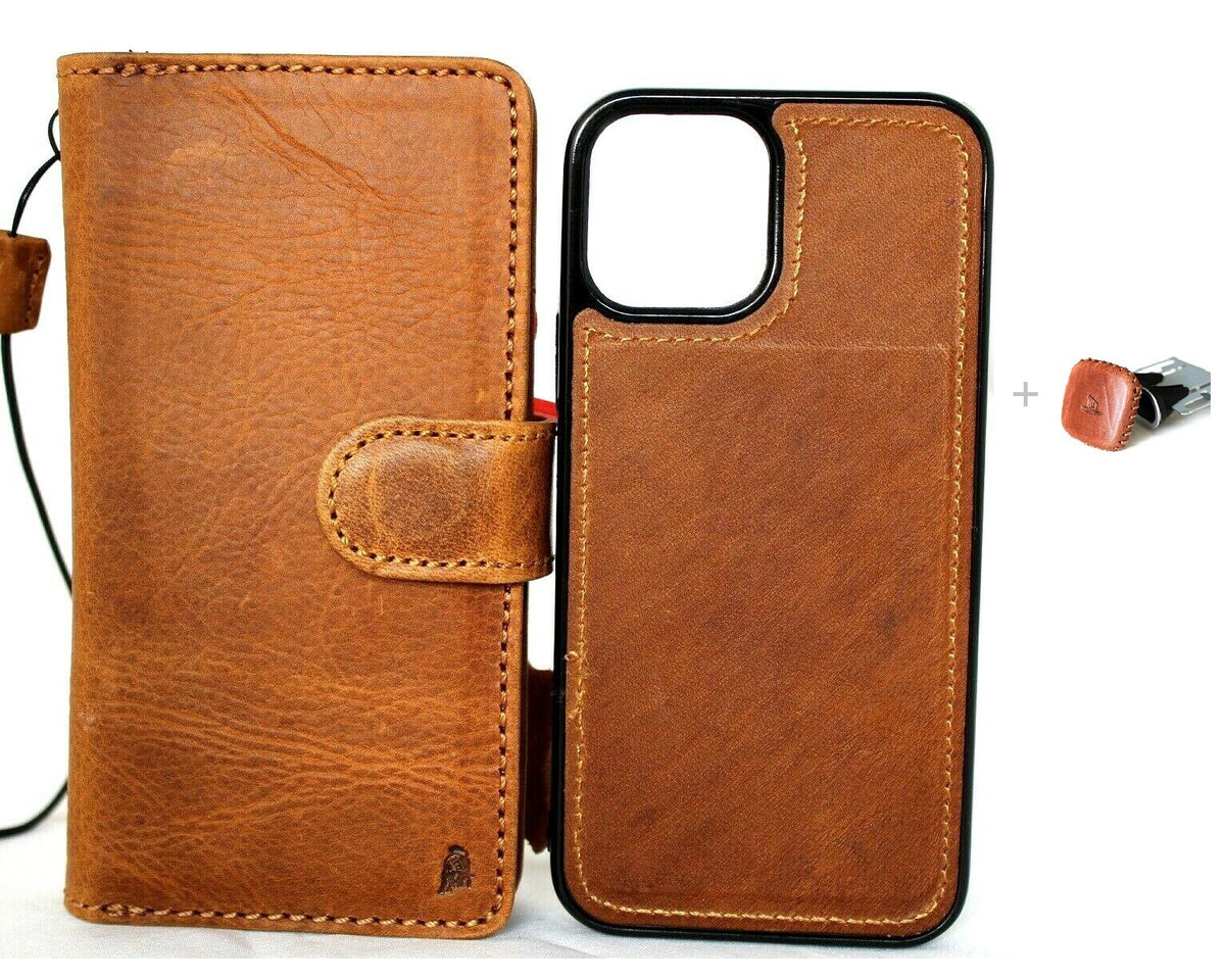 Genuine tan leather iPhone 12 Mini case by DAVISCASE with card slots, magnetic closure, soft cover, and car holder attachment.
