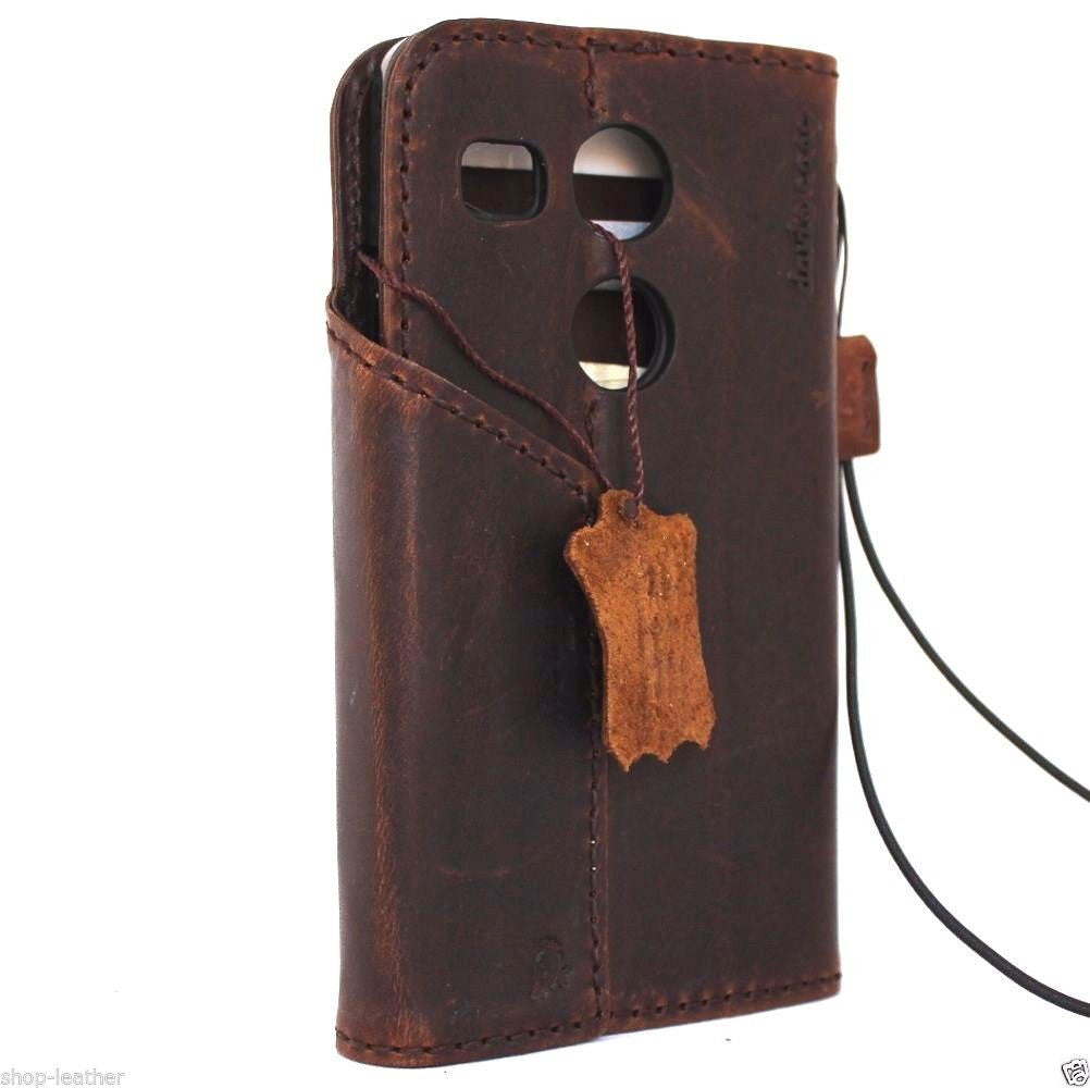 Genuine Italian leather hard case for LG Nexus 5X, dark brown book wallet with card slots and magnet closure.