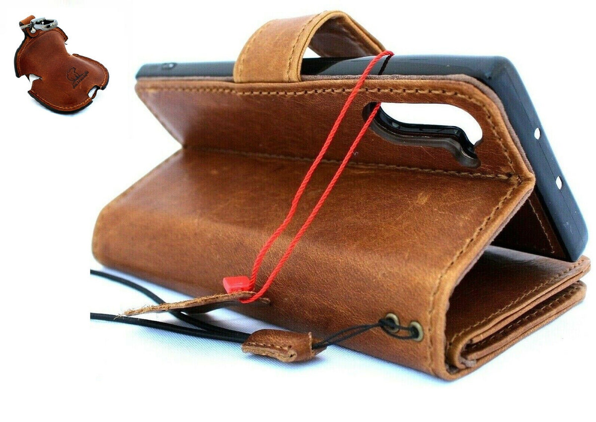 Handmade genuine leather Samsung Galaxy Note 10 wallet case with window, stand feature, removable cover, and AirPods 2 compartment.
