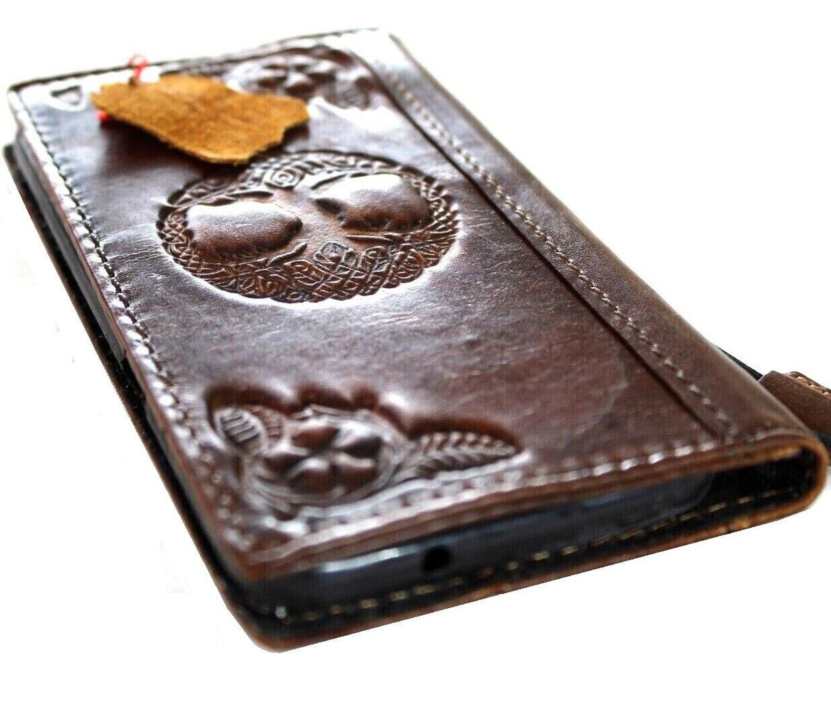 DavisCase handmade leather phone case for Galaxy S22, S21, S20, Note 10, A71, A51, 4G 5G, with vintage Tree of Life art wallet cover