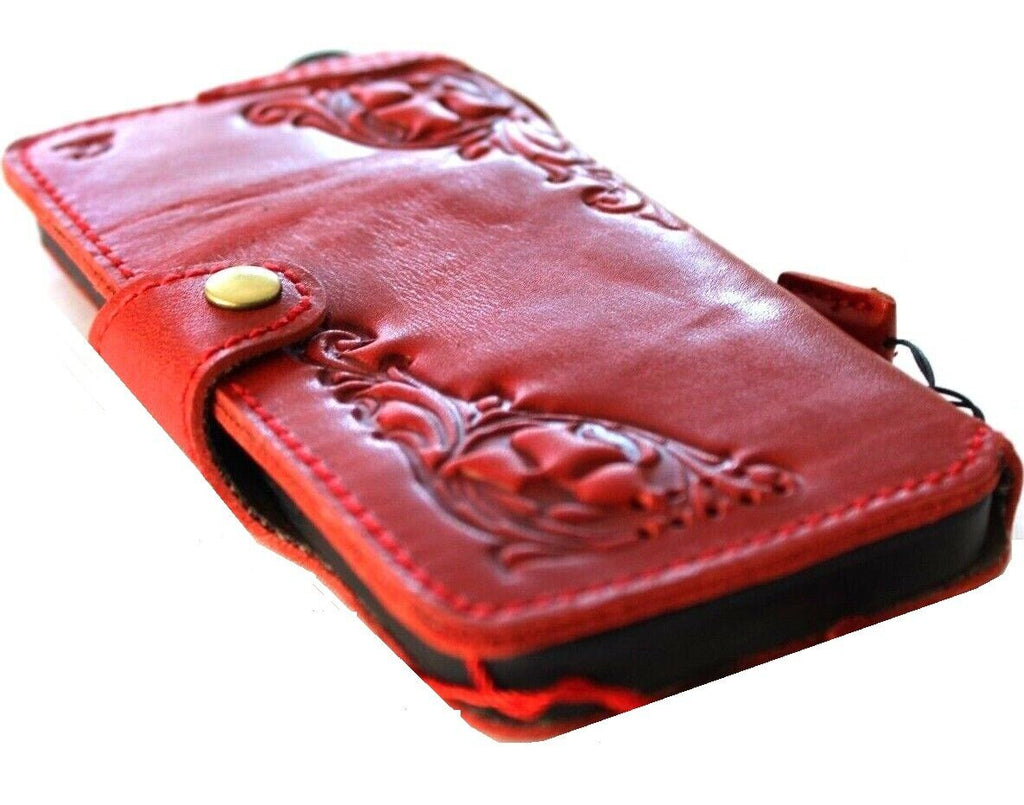 Genuine vintage red leather phone case for Samsung Galaxy S22, S21, S20, S23, S24, S25 Ultra, with wallet and credit card slots.