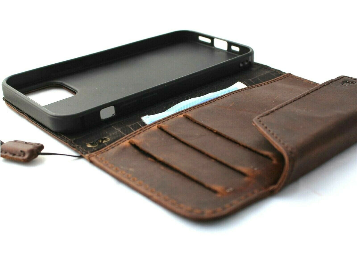 Genuine dark leather wallet case for iPhone 12 Pro by DAVISCASE, vintage style with credit card slots and soft slim cover.