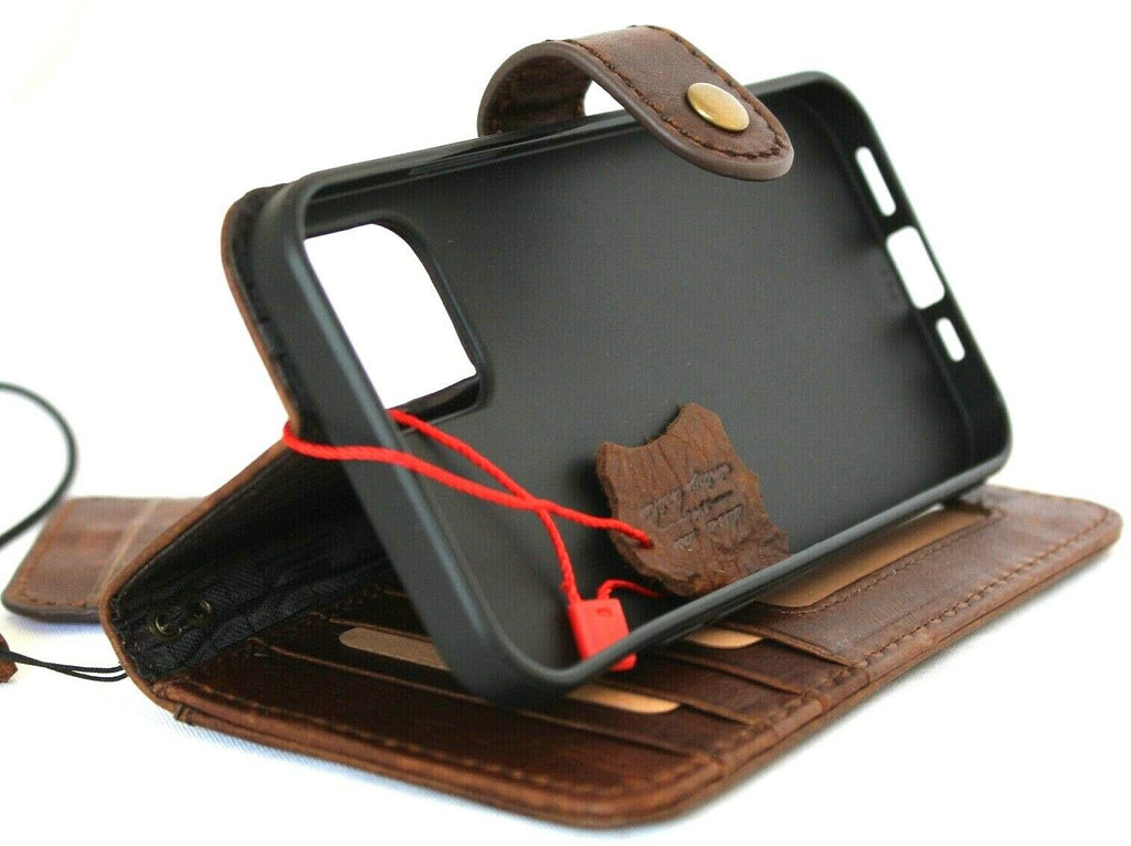 Genuine soft dark leather iPhone 12 case by DAVISCASE with vintage design, credit card slots, ID window, and full grain leather.