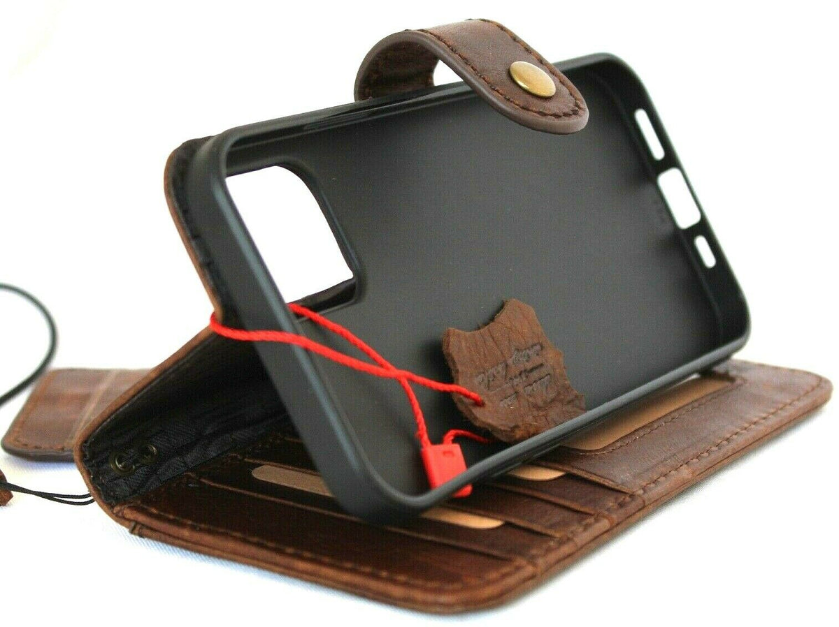 Genuine soft dark leather iPhone 12 case by DAVISCASE with vintage design, credit card slots, ID window, and full grain leather.