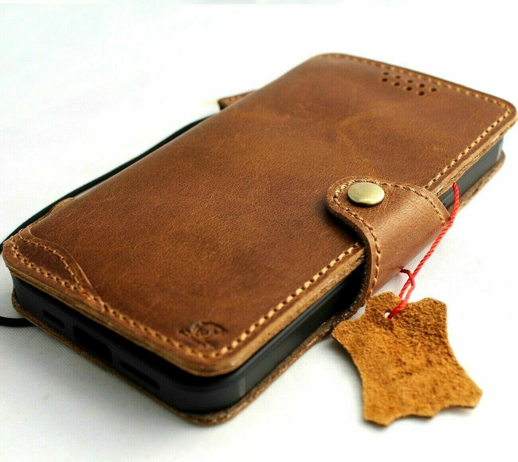 Vintage tan genuine leather phone case for Apple iPhone 17, 16, 11, 12, 13, 14, 15 Pro Max, Air 7, 8 Plus with credit card slots.