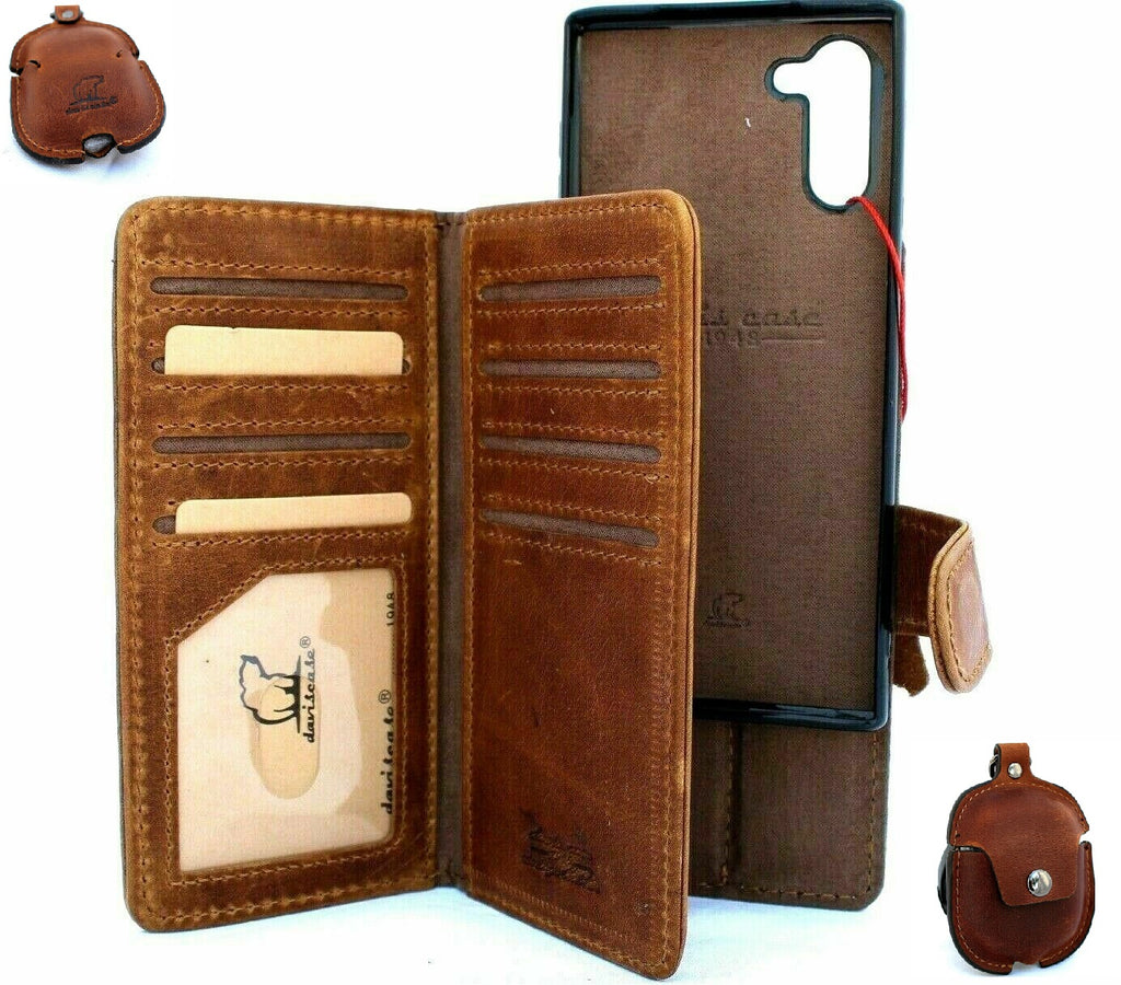 Handmade genuine leather Samsung Galaxy Note 10 wallet case with window, stand, removable cover, and AirPods 2 storage.