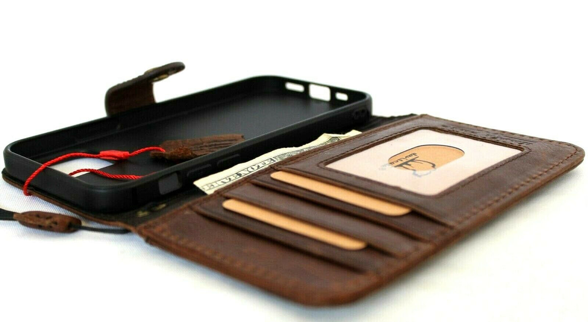 Genuine dark leather iPhone 12 case by DAVISCASE with wallet design, ID window, credit card slots, vintage full grain leather cover.