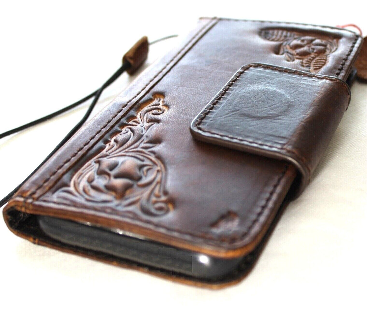 Handmade leather phone case for iPhone 11-15 Pro Max with ID window, credit card slots, vintage style, by DAVISCASE