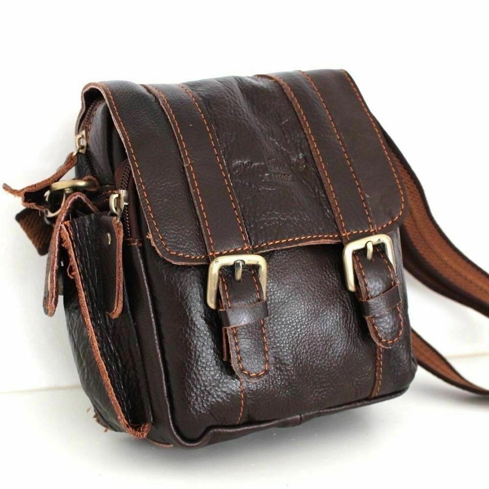 Brown DavisCASE men's genuine full grain leather waist pouch with vintage crossbody design and adjustable Canva belt strap.