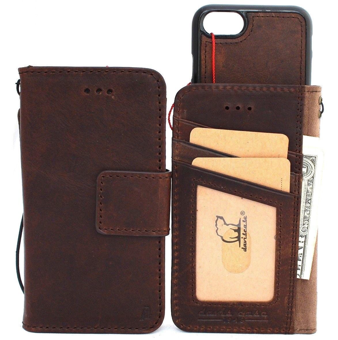 Genuine dark soft leather iPhone SE 2 case with wallet compartment, magnetic closure, and card slots in a slim book-style design.