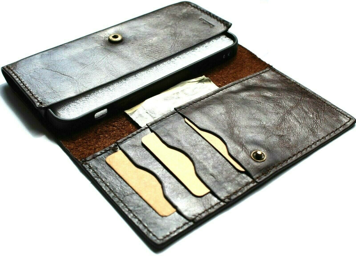 Handmade genuine leather wallet case for iPhone 12-14 Pro, with ID window, credit card slots, and removable cover by DAVISCASE.