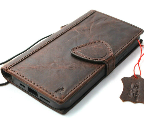 DavisCase genuine dark leather wallet phone case for iPhone 12 with credit card slots, ID window, magnetic closure, vintage style