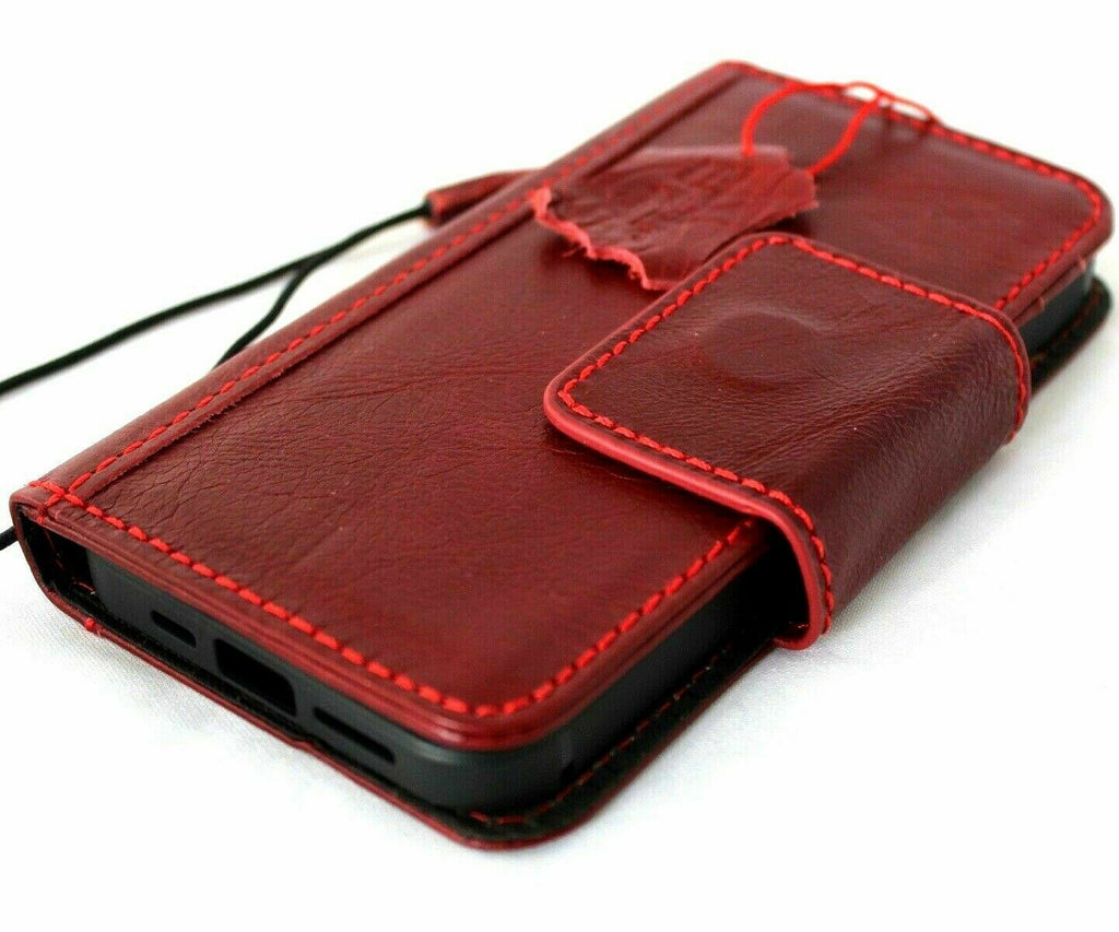 Red genuine leather phone case for iPhone 12 with vintage book wallet style, credit card slots, magnetic closure by DAVISCASE.