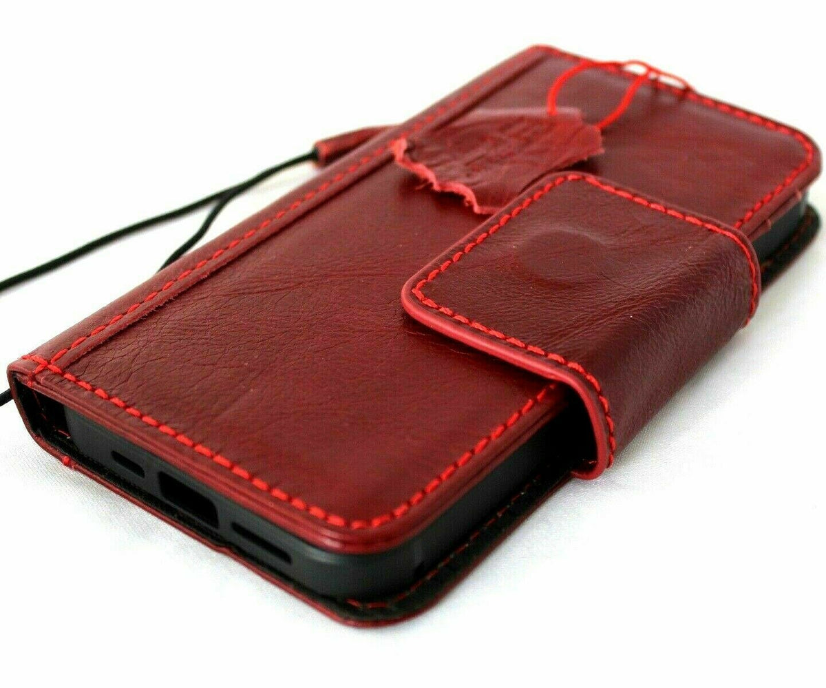 Red genuine leather phone case for iPhone 12 with vintage book wallet style, credit card slots, magnetic closure by DAVISCASE.