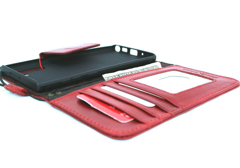 Red genuine leather flip wallet case for Samsung Galaxy Note 10, handmade with magnetic closure and wireless charging compatibility.