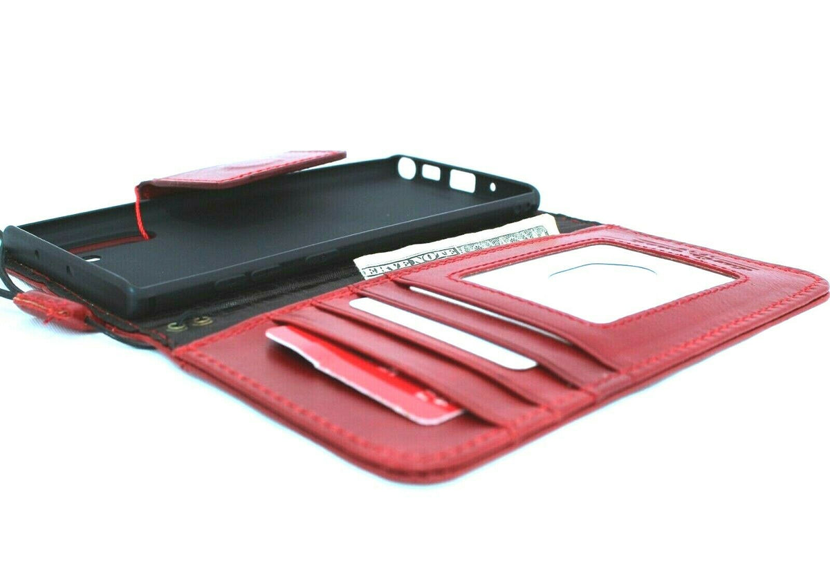 Red genuine leather flip wallet case for Samsung Galaxy Note 10, handmade with magnetic closure and wireless charging compatibility.