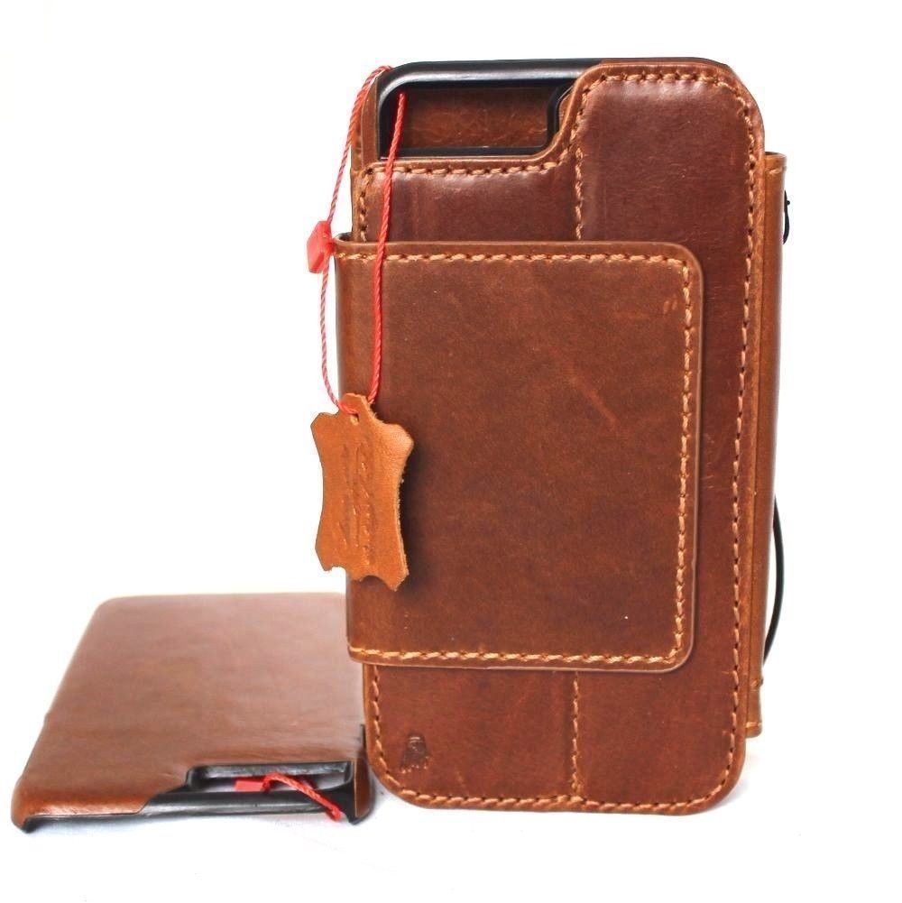 Genuine full leather iPhone 8 case with wallet design, card slots, magnetic closure, and detachable cover in classic style.