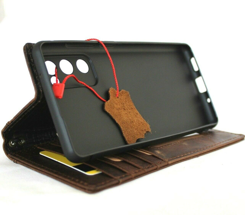 Genuine dark leather Samsung Galaxy S20 FE case by DavisCase with wallet-style design, card slots, soft rubber edges, and slim profile.