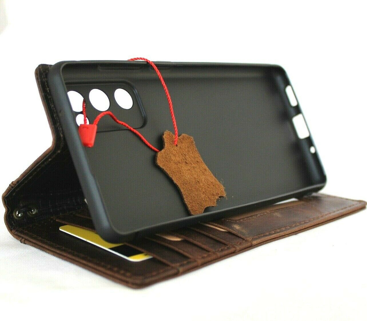 Genuine dark leather Samsung Galaxy S20 FE case by DavisCase with wallet-style design, card slots, soft rubber edges, and slim profile.