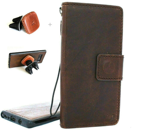 Genuine Vintage leather case for Samsung Galaxy Note 10 PLUS book wallet soft Removable holder slots rubber stand window detachable magnetic Dark brown + Magnetic Car Holder
