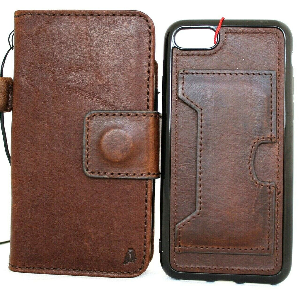 Dark leather iPhone SE 2 case by DAVISCASE with removable card wallet, ID window, rubber strap, and wireless charging compatibility.